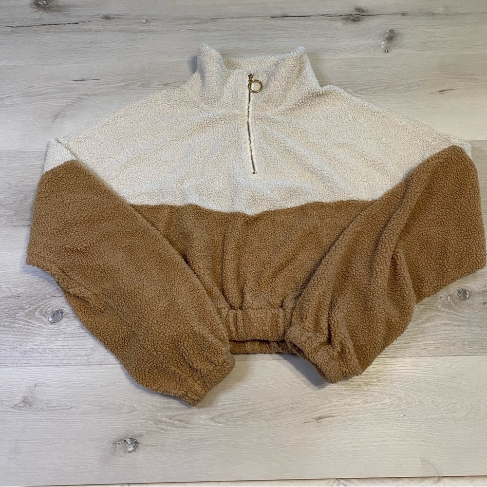 Cropped Half Zip Teddy Sherpa, Tan/Ivory, Size Medium